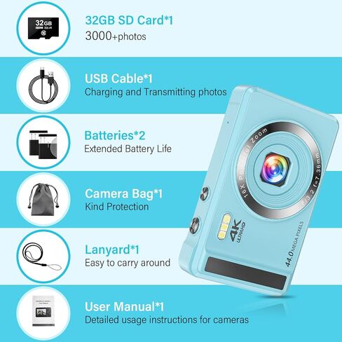 كاميرا رقمية 4K 44 ميجابكسل مع تكبير رقمي 16X للتصوير الفوتوغرافي، كاميرا صغيرة محمولة ذات تركيز تلقائي للأطفال والأولاد والبنات مع بطاقة SD سعة 32 جيجابايت وبطاريتين - أزرق in Saudi Arabia