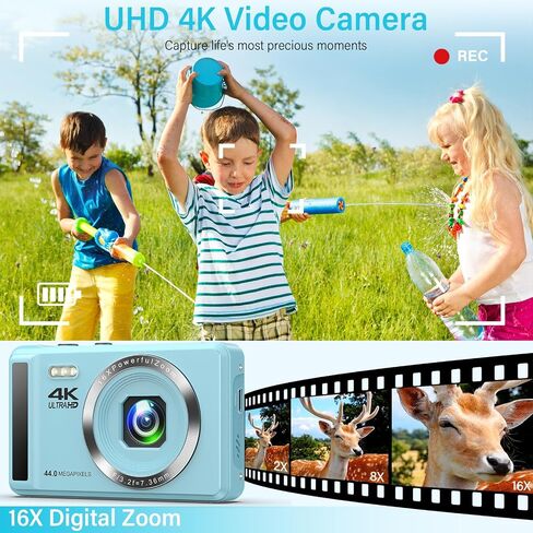 كاميرا رقمية 4K 44 ميجابكسل مع تكبير رقمي 16X للتصوير الفوتوغرافي، كاميرا صغيرة محمولة ذات تركيز تلقائي للأطفال والأولاد والبنات مع بطاقة SD سعة 32 جيجابايت وبطاريتين - أزرق in Saudi Arabia