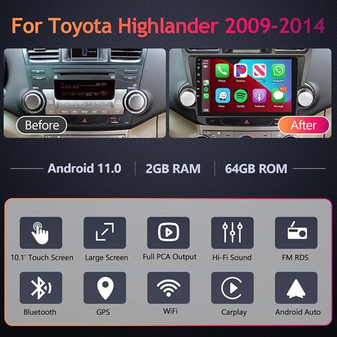 راديو سيارة 2G 64G لسيارة Toyota Highlander 2009-2014 مع CarPlay Android Auto، Podofo 10.1 بوصة HD 2.5D شاشة لمس ستيريو للسيارة يدعم بلوتوث GPS واي فاي HiFi Mirrorlink SWC AHD كاميرا خلفية in Saudi Arabia