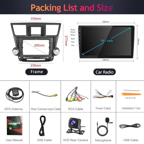 راديو سيارة 2G 64G لسيارة Toyota Highlander 2009-2014 مع CarPlay Android Auto، Podofo 10.1 بوصة HD 2.5D شاشة لمس ستيريو للسيارة يدعم بلوتوث GPS واي فاي HiFi Mirrorlink SWC AHD كاميرا خلفية in Saudi Arabia