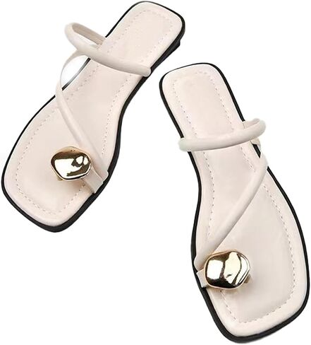 Women'S Leather Strappy Flat Metal Toe Ring Sandals Fashionable Square Open Toe Low Block Heel Slip-On Clip Toe Slide Sandals Casual Summer Beach Slipper in Saudi Arabia