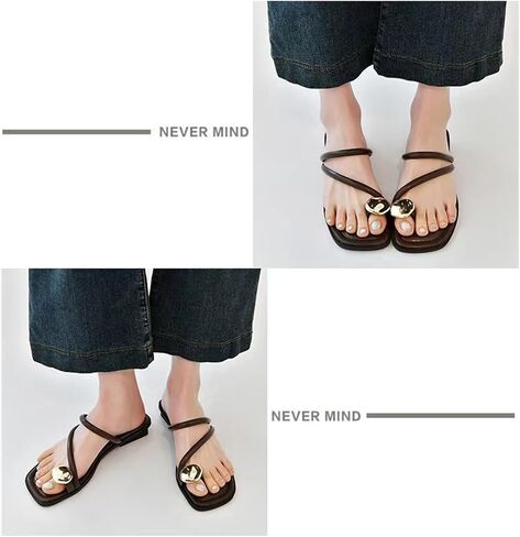 Women'S Leather Strappy Flat Metal Toe Ring Sandals Fashionable Square Open Toe Low Block Heel Slip-On Clip Toe Slide Sandals Casual Summer Beach Slipper in Saudi Arabia