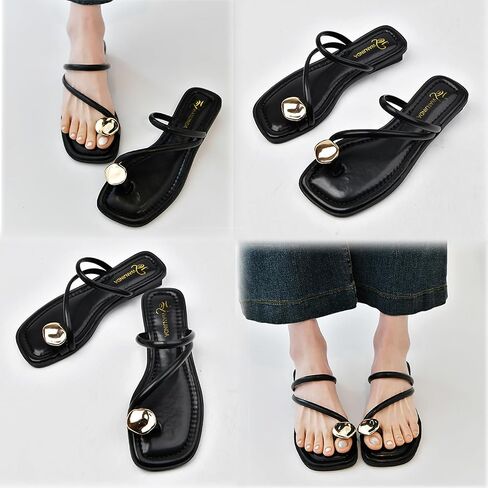 Women'S Leather Strappy Flat Metal Toe Ring Sandals Fashionable Square Open Toe Low Block Heel Slip-On Clip Toe Slide Sandals Casual Summer Beach Slipper in Saudi Arabia