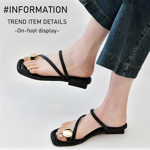 Women'S Leather Strappy Flat Metal Toe Ring Sandals Fashionable Square Open Toe Low Block Heel Slip-On Clip Toe Slide Sandals Casual Summer Beach Slipper in Saudi Arabia