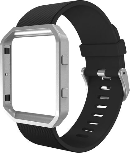 Simpeak Sport Band Compatible with Fitbit Blaze Smartwatch Sport Fitness, Silicone Wrist Band with Meatl Frame Replacement for Fitbit Blaze Men Women, Large, Black Band+Silver Frame in Kuwait