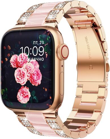 GELISHI Compatible with Apple Watch Band 46mm 45mm 44mm 42mm Women Bling Stainless Steel Resin Band Bracelet Fashion Wristband for Watch Series 9 8 7 6 5 4 3/ SE 2, Rose Gold/Pink in Kuwait