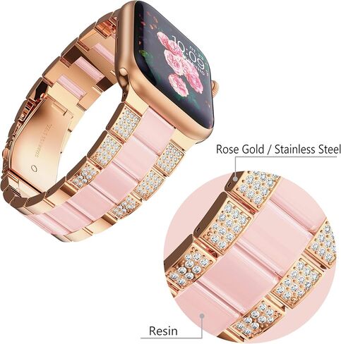 GELISHI Compatible with Apple Watch Band 46mm 45mm 44mm 42mm Women Bling Stainless Steel Resin Band Bracelet Fashion Wristband for Watch Series 9 8 7 6 5 4 3/ SE 2, Rose Gold/Pink in Kuwait
