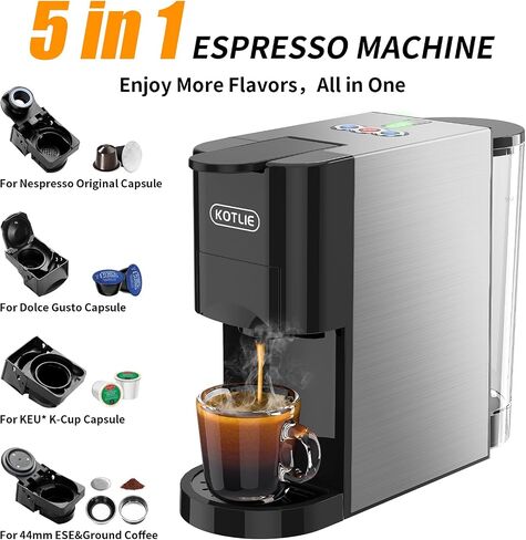 KOTLIE Espresso Machine,Set volume freely,4 in 1 Single Serve Coffee Maker for Nespresso original/K cup/Coffee Powder/illy 44mm ESE coffee,19Bar Espresso Maker in Saudi Arabia