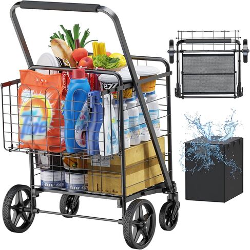 Folding Shopping Cart with Brake Swivel Wheels, Jumbo Grocery Cart with Waterproof Bag & Double Basket, 340lbs Portable Heavy Duty Utility Cart for Shopping/Laundry/Condo in Saudi Arabia