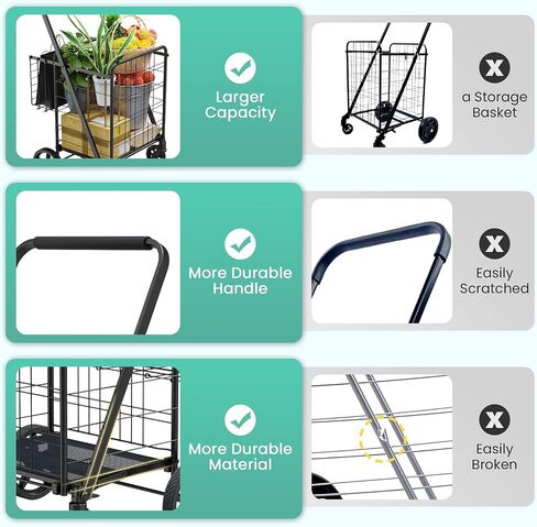 Folding Shopping Cart with Brake Swivel Wheels, Jumbo Grocery Cart with Waterproof Bag & Double Basket, 340lbs Portable Heavy Duty Utility Cart for Shopping/Laundry/Condo in Saudi Arabia