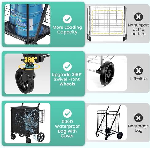 Folding Shopping Cart with Brake Swivel Wheels, Jumbo Grocery Cart with Waterproof Bag & Double Basket, 340lbs Portable Heavy Duty Utility Cart for Shopping/Laundry/Condo in Saudi Arabia