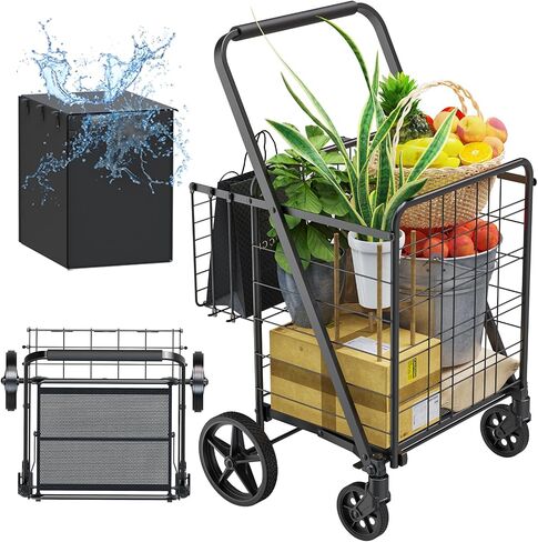 Folding Shopping Cart with Brake Swivel Wheels, Jumbo Grocery Cart with Waterproof Bag & Double Basket, 340lbs Portable Heavy Duty Utility Cart for Shopping/Laundry/Condo in Saudi Arabia