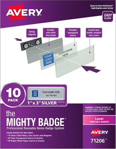 The Mighty Badge من Avery، بطاقات أسماء مغناطيسية مقاس 1 × 3 بوصات، 50 شارة أسماء فضية، 120 إدراجًا قابلاً للتخصيص (71208) in Kuwait