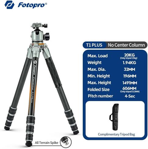Fotopro 59 inch Travel Tripod,Carbon Fiber Tripod with 44mm Low Profile Ball Head，Camera Tripod for DSLR Video Camcorder, Max Load 44lbs,T1 Plus Basic in Saudi Arabia