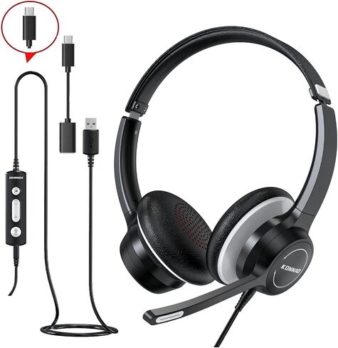 USB-A/USB-C Headsets with Microphone, USB C Wired Headsets with AI ENC Noise Cancelling Microphone, Stereo Headphones with MIC for PC, in Line Controls, Work Headset for Skype Zoom Tablet in Kuwait