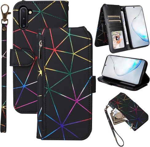 Wallet Case for Samsung Galaxy Note 10 5G with Wrist Strap, 9+ Card Slots Luxury PU Leather Zipper Flip Purse, Card Holder Stand Geometric Phone Cover for Note10 Notes 10s Ten Not S10 Black in Saudi Arabia