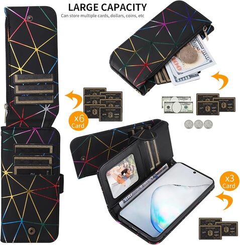 Wallet Case for Samsung Galaxy Note 10 5G with Wrist Strap, 9+ Card Slots Luxury PU Leather Zipper Flip Purse, Card Holder Stand Geometric Phone Cover for Note10 Notes 10s Ten Not S10 Black in Saudi Arabia