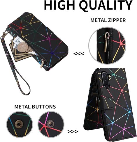 Wallet Case for Samsung Galaxy Note 10 5G with Wrist Strap, 9+ Card Slots Luxury PU Leather Zipper Flip Purse, Card Holder Stand Geometric Phone Cover for Note10 Notes 10s Ten Not S10 Black in Saudi Arabia