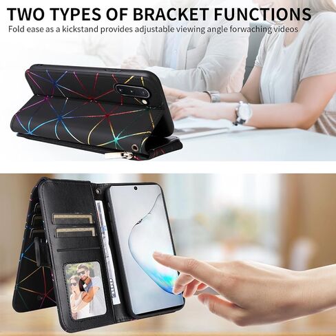 Wallet Case for Samsung Galaxy Note 10 5G with Wrist Strap, 9+ Card Slots Luxury PU Leather Zipper Flip Purse, Card Holder Stand Geometric Phone Cover for Note10 Notes 10s Ten Not S10 Black in Saudi Arabia