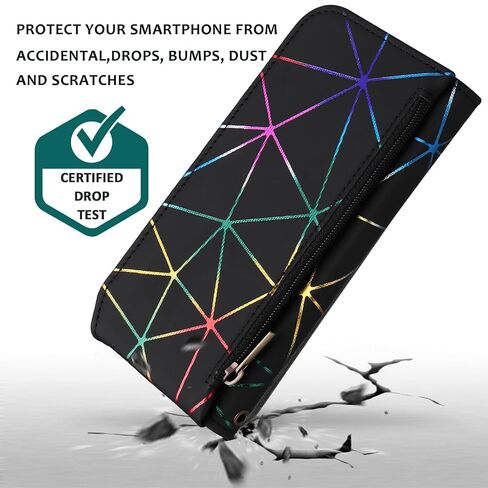 Wallet Case for Samsung Galaxy Note 10 5G with Wrist Strap, 9+ Card Slots Luxury PU Leather Zipper Flip Purse, Card Holder Stand Geometric Phone Cover for Note10 Notes 10s Ten Not S10 Black in Saudi Arabia