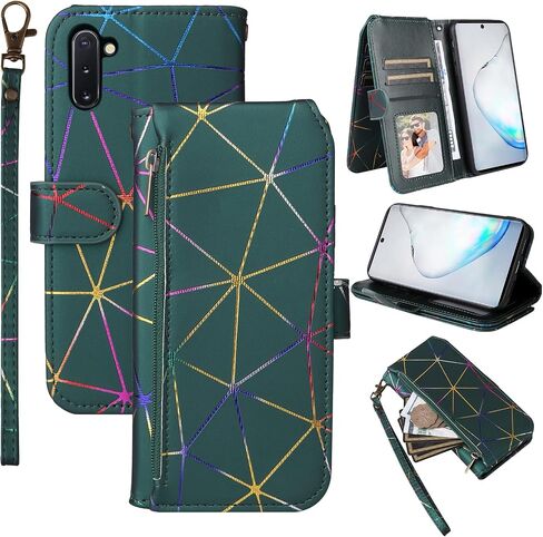 Wallet Case for Samsung Galaxy Note 10 5G with Wrist Strap, 9+ Card Slots Luxury PU Leather Zipper Flip Purse, Card Holder Stand Geometric Phone Cover for Note10 Notes 10s Ten Not S10 Black in Saudi Arabia