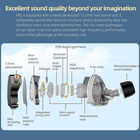 سماعات أذن KZ x HBB PR2 iem مع محرك مغناطيسي مستو مقاس 13.2 مم، سماعات أذن سلكية مريحة KZ داخل الأذن مع سماعات أذن من إسفنج الذاكرة للصوت الطبيعي الشفاف للمغنيين الموسيقيين (مع ميكروفون) in Kuwait
