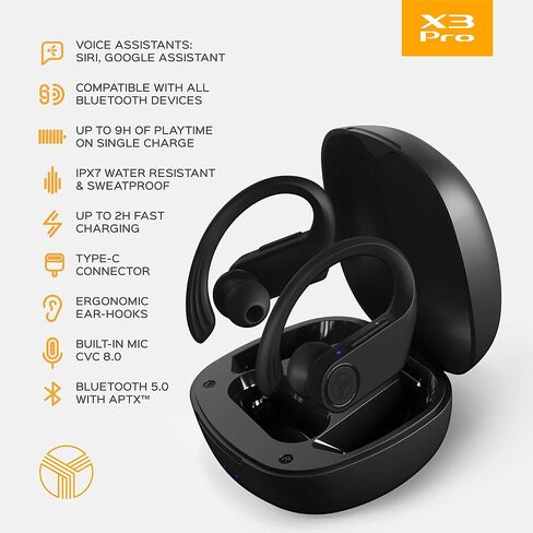 Treblab X3 Pro - سماعات أذن لاسلكية حقيقية مع خطافات أذن - عمر بطارية 45 ساعة، بلوتوث 5.0 مع aptX، سماعات رأس مقاومة للماء IPX7 - سماعات بلوتوث TWS مع علبة شحن للرياضة والجري (متجددة) in Saudi Arabia
