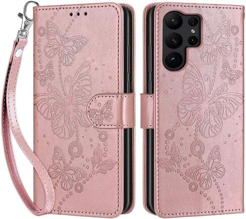 مصمم لهاتف Samsung Galaxy S23 Ultra، غطاء قابل للطي للسيدات مع حامل من جلد البولي يوريثان المنقوش وفتحات لبطاقات الائتمان وحزام المعصم لهاتف Samsung S23 Ultra 5G (فراشة ذهبية وردية) in Kuwait