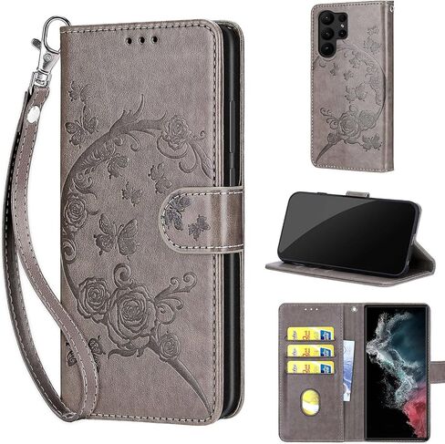 مصمم لهاتف Samsung Galaxy S23 Ultra، غطاء قابل للطي للسيدات مع حامل من جلد البولي يوريثان المنقوش وفتحات لبطاقات الائتمان وحزام المعصم لهاتف Samsung S23 Ultra 5G (فراشة ذهبية وردية) in Kuwait