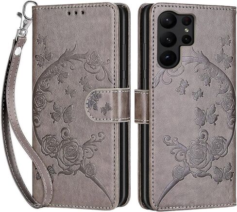 مصمم لهاتف Samsung Galaxy S23 Ultra، غطاء قابل للطي للسيدات مع حامل من جلد البولي يوريثان المنقوش وفتحات لبطاقات الائتمان وحزام المعصم لهاتف Samsung S23 Ultra 5G (فراشة ذهبية وردية) in Kuwait