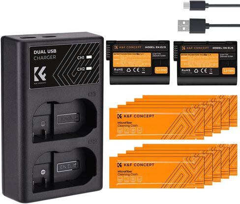 مجموعة شاحن بطارية K&F Concept EN-EL15 EN-EL15A EN-EL15B مع 10 قطع قماش تنظيف لنيكون d750، d7200، d7500، d850، d610، d500، MH-25a، d7200، z6 (عبوتان، منفذ Micro USB، 2100 مللي أمبير في الساعة) ) in Saudi Arabia