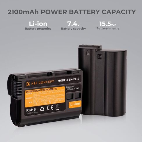 مجموعة شاحن بطارية K&F Concept EN-EL15 EN-EL15A EN-EL15B مع 10 قطع قماش تنظيف لنيكون d750، d7200، d7500، d850، d610، d500، MH-25a، d7200، z6 (عبوتان، منفذ Micro USB، 2100 مللي أمبير في الساعة) ) in Saudi Arabia