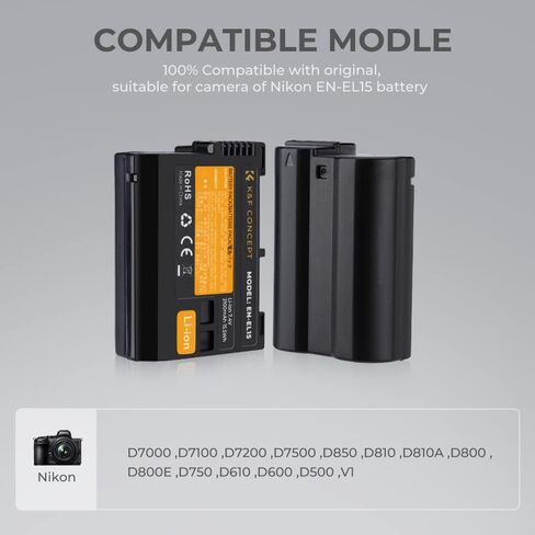 مجموعة شاحن بطارية K&F Concept EN-EL15 EN-EL15A EN-EL15B مع 10 قطع قماش تنظيف لنيكون d750، d7200، d7500، d850، d610، d500، MH-25a، d7200، z6 (عبوتان، منفذ Micro USB، 2100 مللي أمبير في الساعة) ) in Saudi Arabia