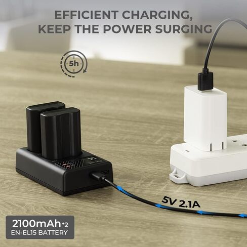 مجموعة شاحن بطارية K&F Concept EN-EL15 EN-EL15A EN-EL15B مع 10 قطع قماش تنظيف لنيكون d750، d7200، d7500، d850، d610، d500، MH-25a، d7200، z6 (عبوتان، منفذ Micro USB، 2100 مللي أمبير في الساعة) ) in Saudi Arabia