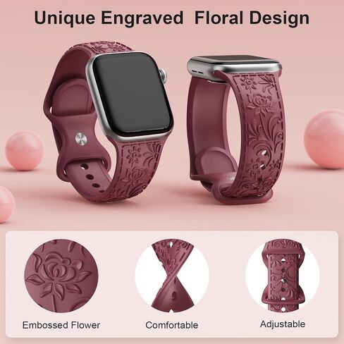 Floral Engraved Band Compatible with Apple Watch Band 40mm 41mm 38mm 42mm 44mm 45mm 49mm Women,Silicone Strap for iWatch Series SE Ultra 9 8 7 6 5 4 3 in Saudi Arabia