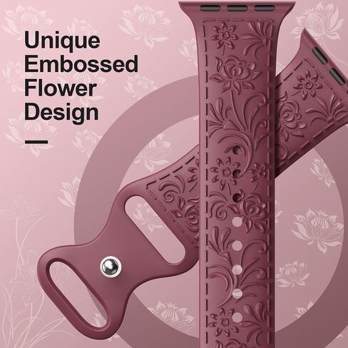 Floral Engraved Band Compatible with Apple Watch Band 40mm 41mm 38mm 42mm 44mm 45mm 49mm Women,Silicone Strap for iWatch Series SE Ultra 9 8 7 6 5 4 3 in Saudi Arabia