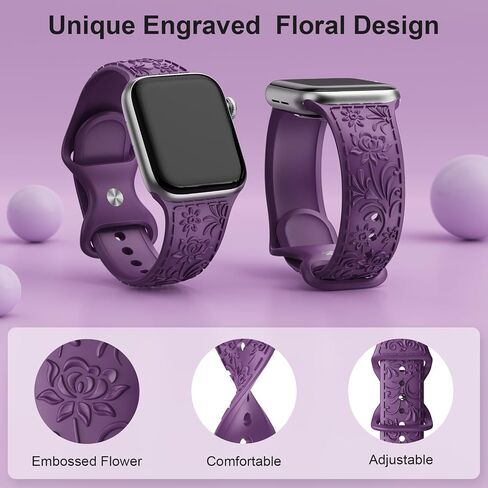 Floral Engraved Band Compatible with Apple Watch Band 40mm 41mm 38mm 42mm 44mm 45mm 49mm Women,Silicone Strap for iWatch Series SE Ultra 9 8 7 6 5 4 3 in Saudi Arabia