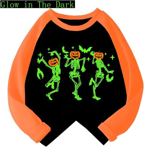 Kids Halloween Shirt Boys Girls Skeleton Pumpkin Ghost Glow in The Dark Graphic Tees Raglan Toddler Long Sleeve T-Shirt Tops in Saudi Arabia