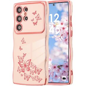 ZTOFERA for Samsung Galaxy S24 Ultra Case Cute for Girl Women, Curly Wave Frame & Luxury Plating Butterfly Pattern, Slim Soft TPU Shockproof Protective Phone Case for Samsung S24 Ultra,Dark Purple