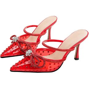 Unimaglif Rhinestone Bow Mule Heels Women - Clear Pointed Toe Strap Heeled Sandals Closed Toe