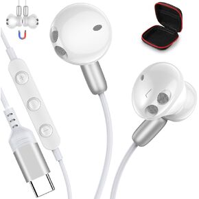 APETOO USB C Headphones Type C Earbuds for Google Pixel 6 6a 7 7a 8 Pro, iPhone 16 15 Pro Max, Magnetic USB C Earphones with Mic Volume Control for Samsung, Motorola Edge/Razr, Oneplus, Huawei, White