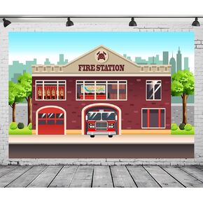 BELECO 7x5ft Fabric Cartoon City Fire Station Backdrop Firefighter Firetruck Theme Kids Fireman Birthday Background Firetruck Party Decorations Fire Truck Cake Table Decor Banner Children Photo Props