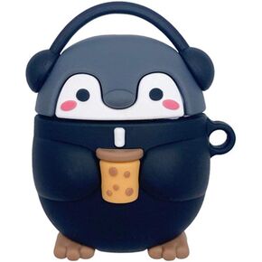 Earphone Case Compatible with AirPods 1/2, Super Cute Standing Headphone Penguin Baby with Milk Tea in Hand Case, Stylish Kawaii Soft Silicone Earbud Protection Skin -Black
