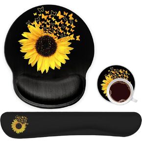 Ergonomic Mouse Pad Wrist Support Gel and Keyboard Wrist Rest Set for Laptop, Mac, Gaming and Office, Durable, Comfortable and Pain Relief + Coaster, Sunflowers and Butterflies in Bloom