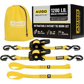 AUGO Retractable Ratchet Straps – 1" x 10' – 1200Lb Breakstrength – 4 Heavy Duty Self Retracting Tie Downs with Safety Lock S Hooks, Soft Loops & Storage Bag – for Motorcycle,Tree Stand,Bed,Boat,Cargo