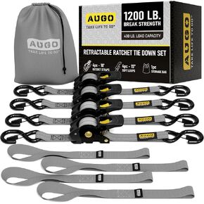 AUGO Retractable Ratchet Straps – 1" x 10' – 1200Lb Breakstrength – 4 Heavy Duty Self Retracting Tie Downs with Safety Lock S Hooks, Soft Loops & Storage Bag – for Motorcycle,Tree Stand,Bed,Boat,Cargo