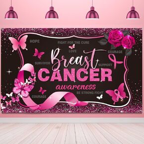 Tiamon Breast Cancer Awareness Backdrop Decorations Banner, Pink Ribbon Hope Party Survivor Party for Photography Background Pink Ribbon Walk Charity Party Supplies, 43.31 x 72.83 Inch (Black, Pink)