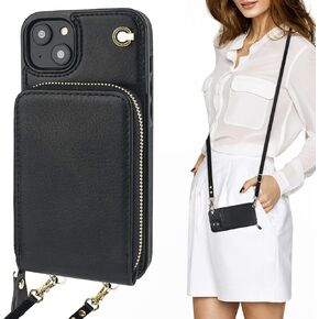 KIHUWEY Crossbody Wallet Case for iPhone 14 Plus, Zipper Pocket Case with Card Holder, PU Leather RFID Blocking Protective Cover Case with Kickstand Detachable Wrist Strap Lanyard 6.7" (Brown)
