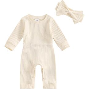 Newborn Baby Girl Fall Outfits Long Sleeve Ribbed Romper Jumpsuit with Headband Set Infant Girl Clothes