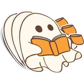 (3Pcs) Ghost Reading Book Drink Coffee Sticker Reading Lover Nerd Book Addict Bookish Decal Waterproof Vinyl Stickers Adult for Laptop Kindle Car Tumbler Water Bottle Mug Phone Notebook - Size 3"x2.9"